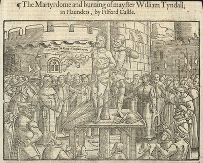 Le martyre et le bûcher de William Tyndall à Flaunders, près du château de Filford (gravure) - English School