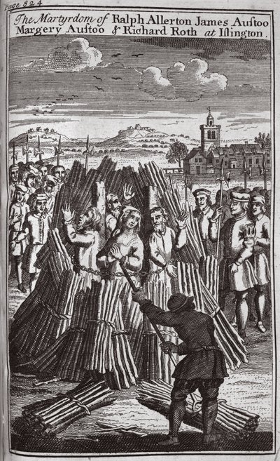 Le martyre de Ralph Allerton James Austoo, Margery Austoo et Richard Roth à Islington, illustration tirée de 