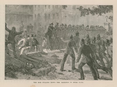 La foule renversant les barrières à Hyde Park - English School