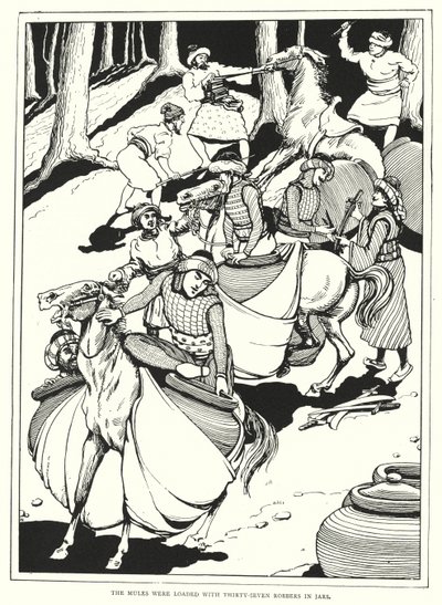 Les mules étaient chargées de trente-sept voleurs dans des jarres (gravure) - English School