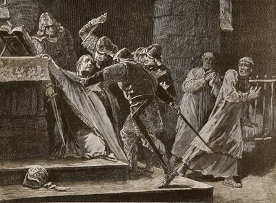 Le meurtre de Becket dans la cathédrale de Canterbury, illustration de Cassells Illustrated History of England - English School