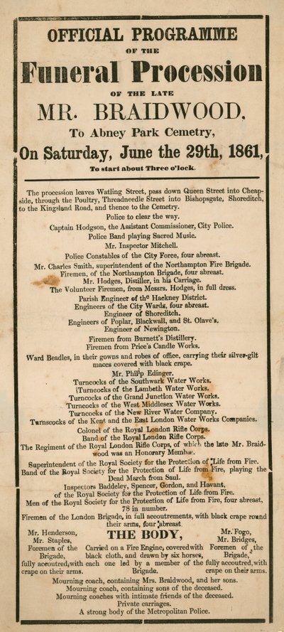 Le programme officiel du cortège funèbre du défunt M. Braidwood, surintendant de la brigade des pompiers de Londres - English School