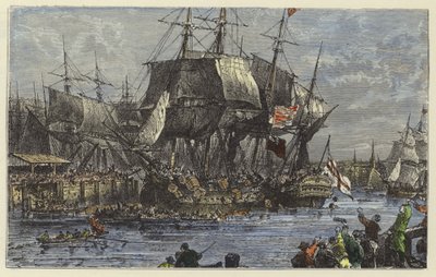 Le peuple de Boston jetant le thé par-dessus bord - English School