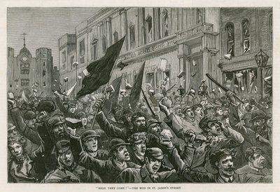 Les émeutes dans le West End de Londres, 8 février 1886 : Les voilà ! - La foule dans St Jamess Street, Londres - English School
