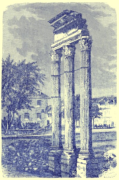 Les trois colonnes du Temple de Castor, illustration de History of Rome par Victor Duruy, publiée en 1884 - English School