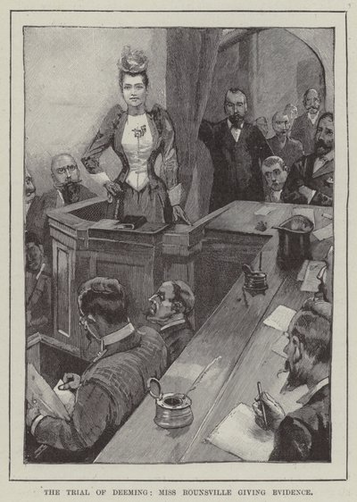 Le procès de Deeming, Miss Rounsville témoignant (gravure) - English School