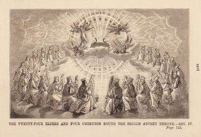 Les vingt-quatre vieillards et les quatre créatures autour du trône dans le ciel (gravure) - English School