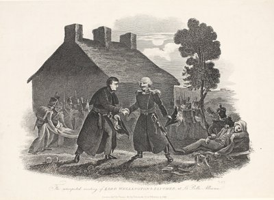 La rencontre inattendue de Lord Wellington et Blücher à La Belle Alliance, publié par T Kelly, 1811 - English School