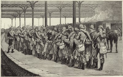 La revue des volontaires : départ du corps des artistes de la gare Victoria - English School