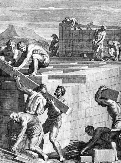 Les murs des villes chez les Gaulois sont construits de cours alternés de pierres et de poutres, gravé par Cornelis Huyberts, illustration des Commentaires de César traduit en anglais par William Duncan - English School
