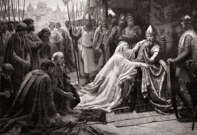 La femme du roi Édouard III, la reine Philippa de Hainaut, intercède auprès de son mari pour demander que la vie des sept bourgeois de Calais soit épargnée (impression) - English School