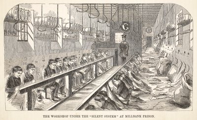 Atelier sous le système silencieux à la prison de Millbank, illustration de The Criminal Prisons of London and Scenes from Prison Life par Henry Mayhew et John Binny, pub. 1862 - English School