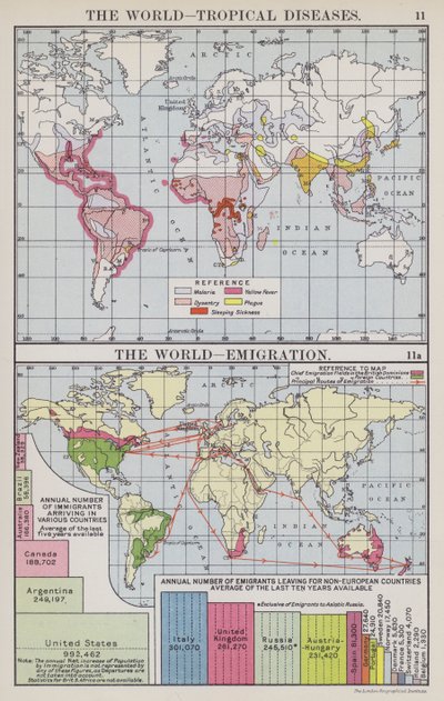 Le monde, maladies tropicales, Le monde, émigration (lithographie en couleur) - English School