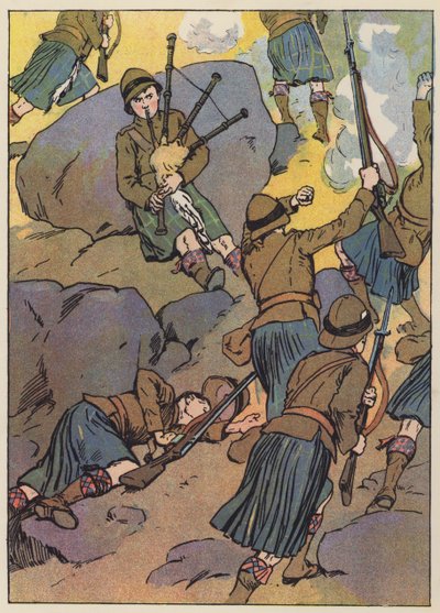 Le joueur de cornemuse blessé mène les troupes à la victoire (lithographie couleur) - English School