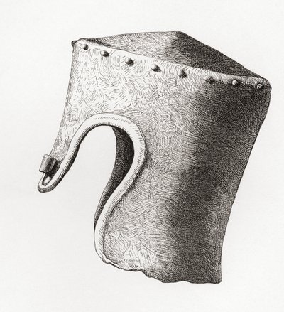 Casque cylindrique à sommet plat du XIIIe siècle avec nasal, déterré au château de Montgomery en 1841, tiré de L