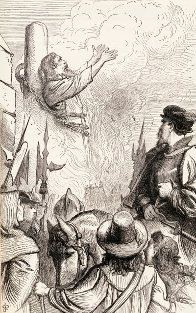 Thomas Hawkes brûlé sur le bûcher pendant les persécutions mariales, vers 1865 - English School