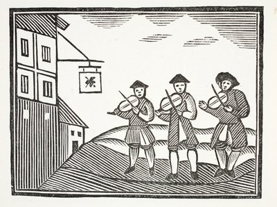 Trois violoneux dans Thames Street, qui ont joué pour un marié le matin, qui ne leur a rien donné à boire, illustration de Chap-books du XVIIIe siècle par John Ashton, pub. 1882 - English School