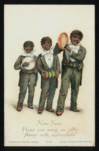 Trois garçons noirs jouant des instruments de musique, carte de vœux du Nouvel An - English School