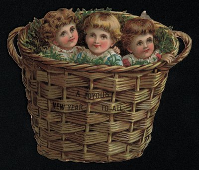Trois enfants dans un panier, carte de vœux du Nouvel An - English School