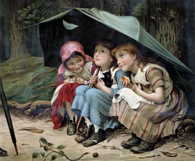 Trois petits chatons (filles et chatons se serrant sous un parapluie) - English School