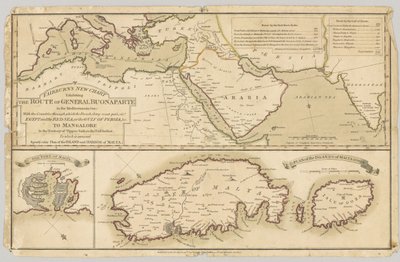 Trois cartes imprimées en couleur : Nouvelle carte de Fairburn montrant la route du général Bonaparte en mer Méditerranée, 1798 - English School