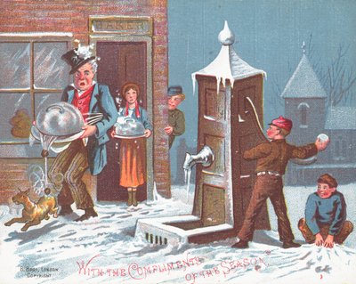 Lancer des boules de neige sur le boulanger, Carte de Noël - English School