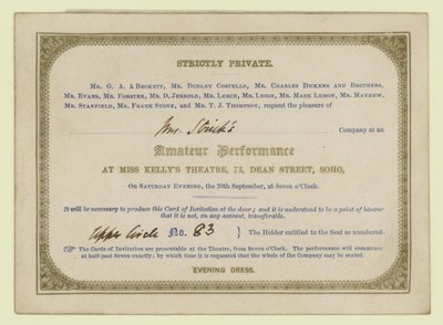 Billet pour la performance dramatique amateur de Charles Dickens, 1845 - English School
