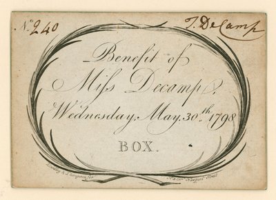 Billet pour le Théâtre de Drury Lane, Londres : Bénéfice de Miss Decamp, 30 mai 1798 - English School