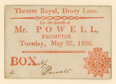 Billet pour le Théâtre de Drury Lane, Londres : Pour le bénéfice de M. Powell, souffleur, 27 mai 1806 - English School