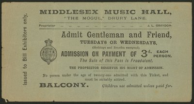 Billet pour le Middlesex Music Hall, The Mogul, Drury Lane, Londres - English School