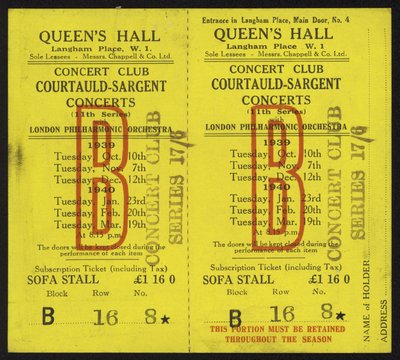 Billet pour les concerts Courtauld-Sargent, Queens Hall, Langham Place, Londres, 1939-1940 - English School