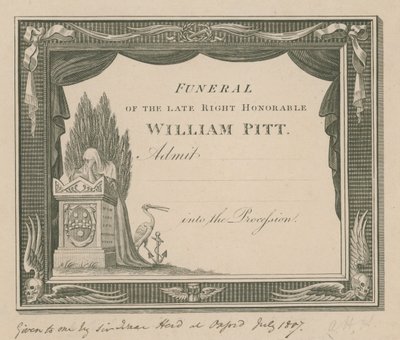 Billet pour les funérailles du feu William Pitt - English School