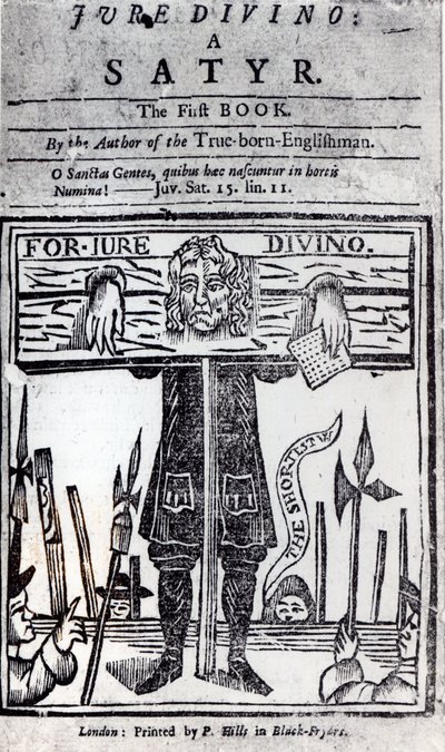 Page de titre du premier livre de Jure Divino - Une satire de Daniel Defoe (1660-1731) publiée en 1706 - English School