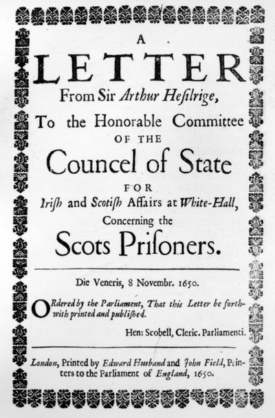 Page de titre de Une lettre de Sir Arthur Hesilrige concernant les prisonniers écossais, par Sir Arthur Hesilrige, publié en 1650 - English School