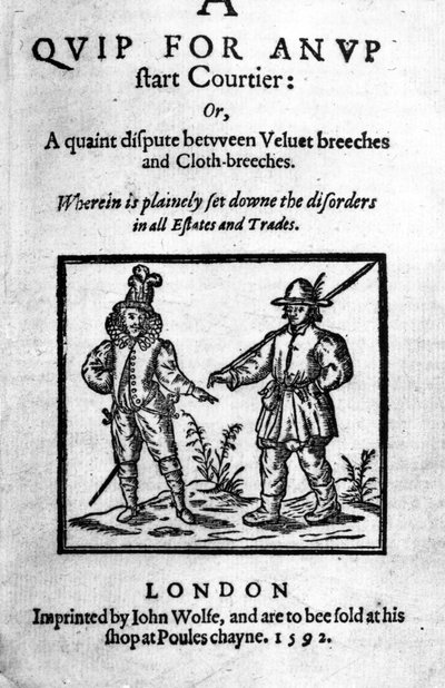 Page de titre pour A Quip for an Upstart Courtier: ou, Une dispute pittoresque entre Velvet breeches et Cloth breeches par Robert Greene, publié en 1592 - English School