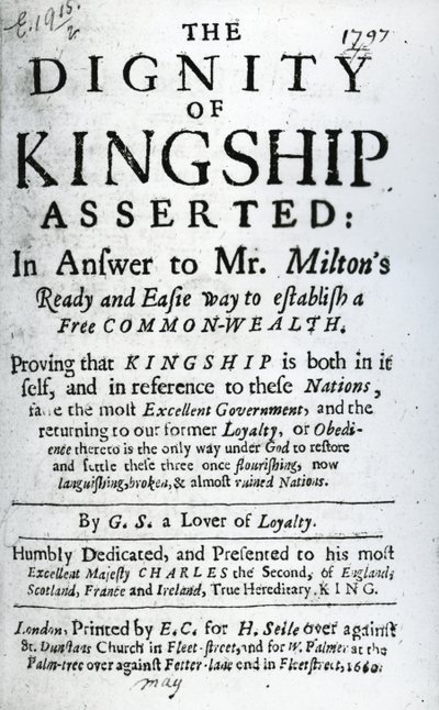 Page de titre pour La Dignité de la Royauté Affirmée par G.S. un Amoureux de la Loyauté, publié en 1660 - English School