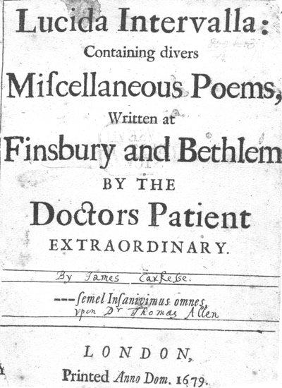 Page de titre de Lucida Intervalla par James Carkesse, publié en 1679 - English School