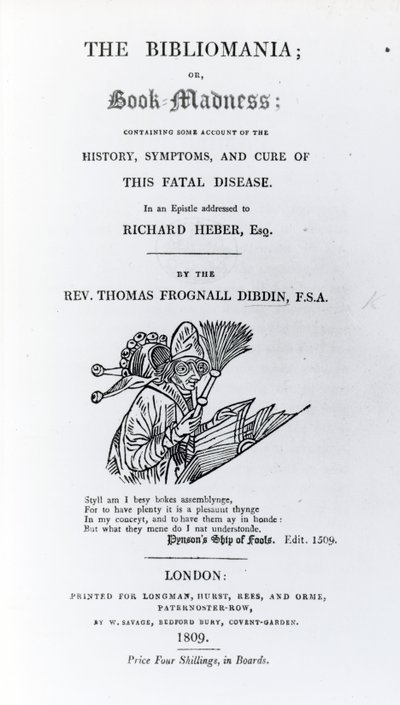 Page de titre de La Bibliomanie par le Révérend Thomas Frognall Dibdin, publié en 1809 - English School