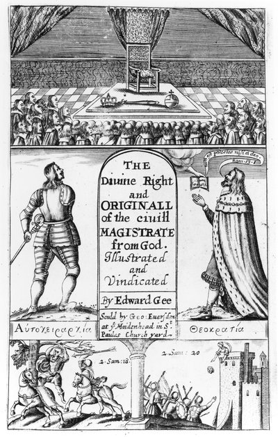 Page de titre de The Divine Right and Original of the Civil Magistrate from God, gravé par Edward Gee, 1658 - English School