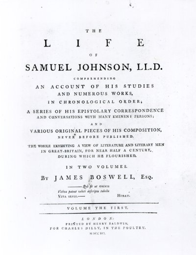 Page de titre, de La Vie de Samuel Johnson par James Boswell (1740-1795) - English School