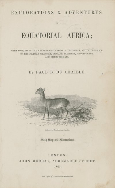 Page de titre des Explorations et Aventures en Afrique équatoriale de Du Chaillu - English School