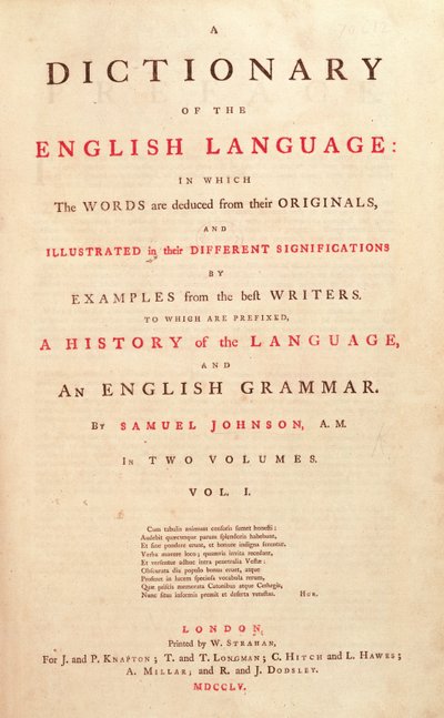 Page de titre du Dictionnaire de la langue humaine de Johnson, Londres, 1755 - English School