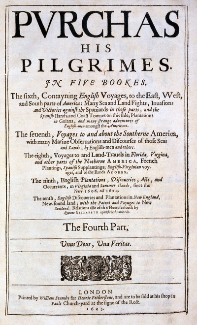 Page de titre de Purchas his Pilgrimes par Samuel Purchas, publié en 1625 - English School
