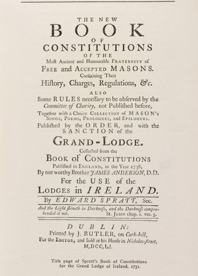 Page de titre du Livre des Constitutions de Spratt pour la Grande Loge en Irlande, 1751 - English School