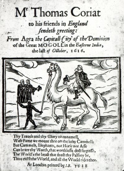 Page de titre du récit posthume des voyages de Thomas Coryat en Inde, publié à Londres en 1618 - English School