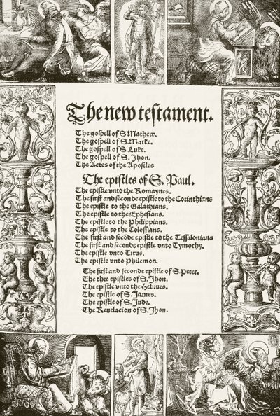 Page de titre du Nouveau Testament de William Tyndale, imprimé dans les années 1530, tirée de The National and Domestic History of England par William Hickman Smith Aubrey, publié à Londres vers 1890 - English School