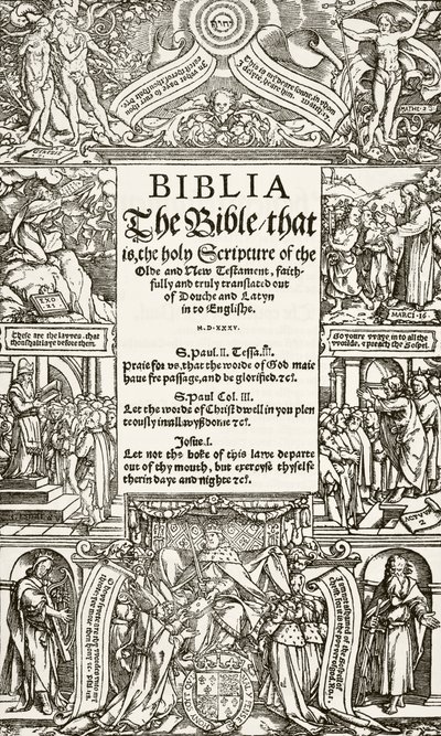 Page de titre de la Bible de Coverdale, imprimée en 1535, tirée de The National and Domestic History of England par William Hickman Smith Aubrey, publié à Londres vers 1890 - English School