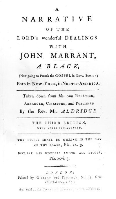 Page de titre de A Narrative of the Lords Wonderful Dealings with John Marrant, A Black transcribed by Rev. William Aldridge, 1785 - English School