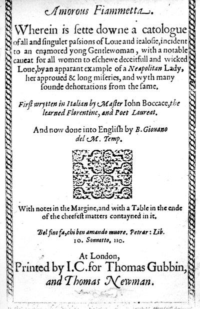 Page de titre de Amorous Fiammetta par Giovanni Boccaccio, traduction anglaise publiée en 1587 - English School