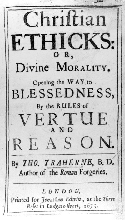 Page de titre de Christian Ethicks par Thomas Traherne, publié en 1675 - English School